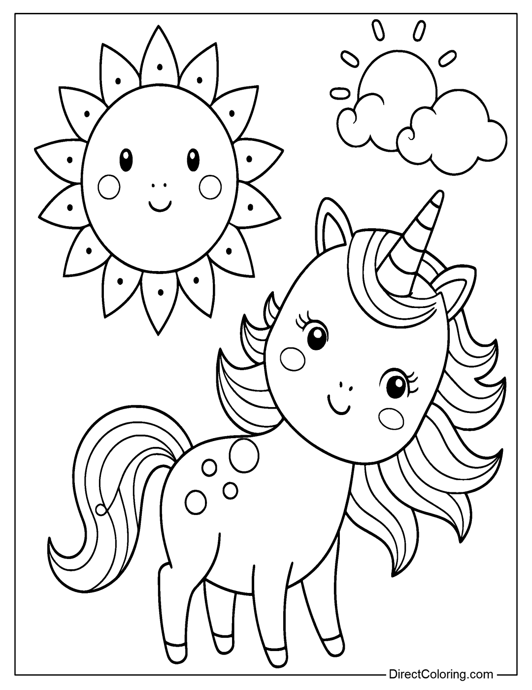 Coloring Page of Unicorn with Sun